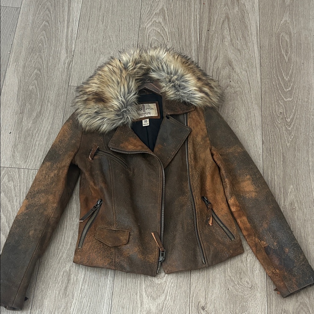 Wilson Distressed Leather Jacket with Faux Fur Collar - Brown